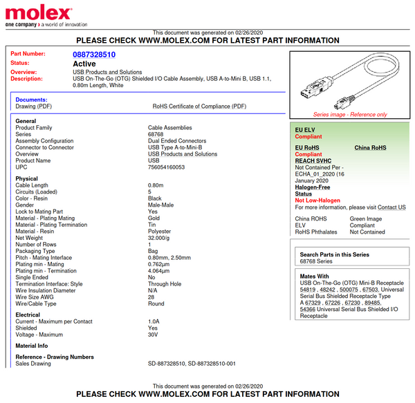 USB Cable: A male to Mini-B male (Molex brand)