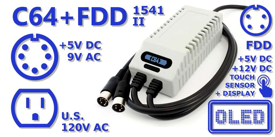 Dobbelt C64/VIC-20 + diskettedrev-strømforsyning med OLED-skærm