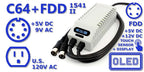 Dobbelt C64/VIC-20 + diskettedrev-strømforsyning med OLED-skærm